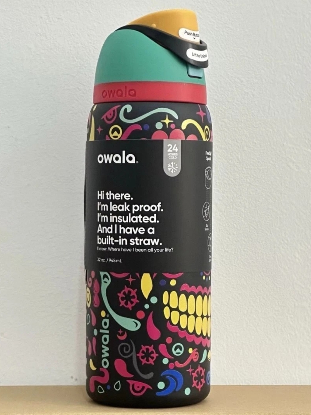 Owala FreeSip 32oz Sugar Skull Glow In The Dark Water Bottle Limited Edition New